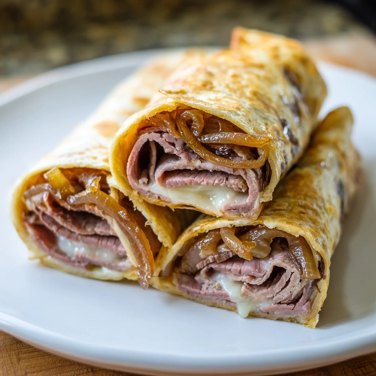 Freshly baked Easy French Dip Tortilla Roll Ups arranged beside a small bowl of steaming au jus for dipping.  