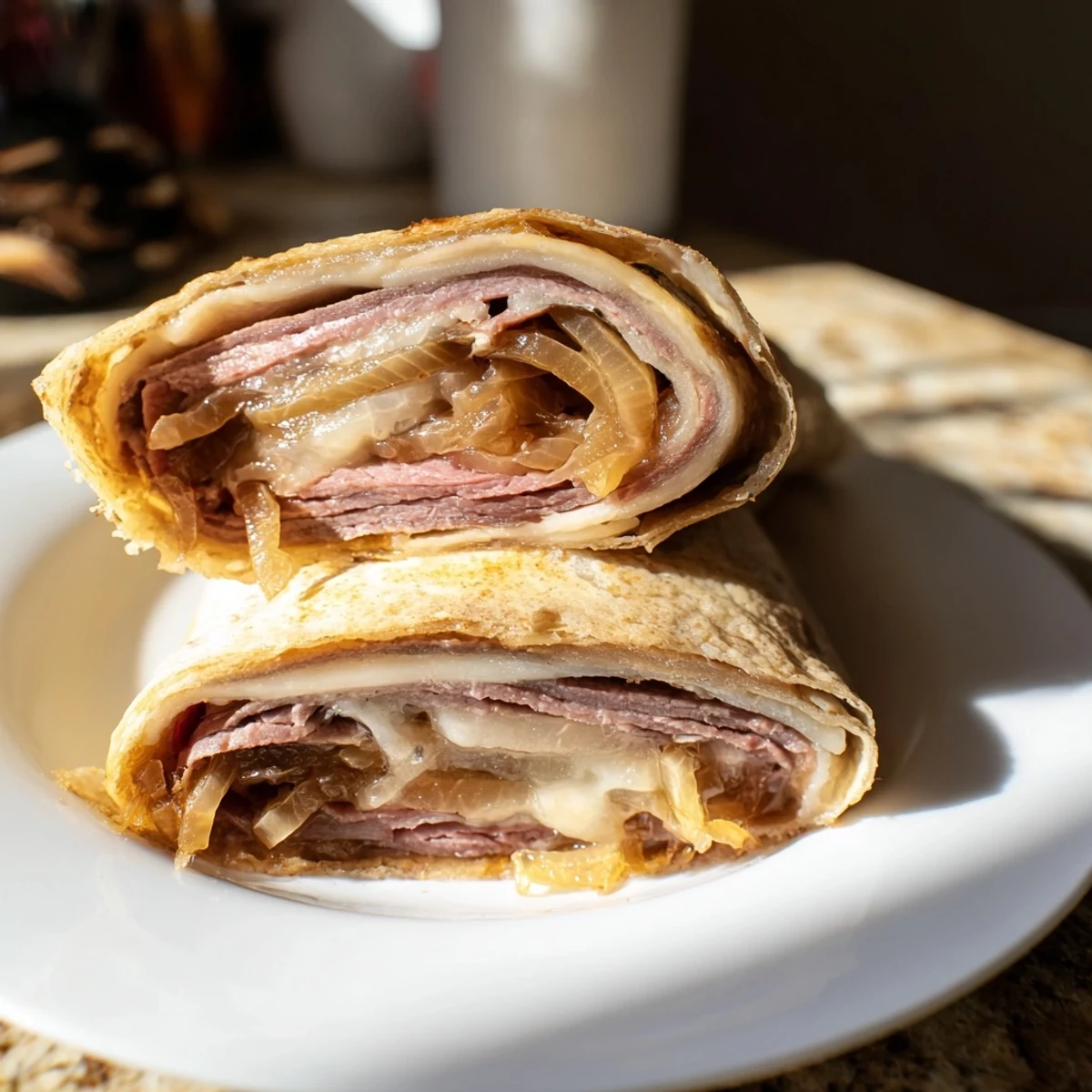 Close-up of Easy French Dip Tortilla Roll Ups revealing caramelized onions and juicy roast beef wrapped in a crisp tortilla.
