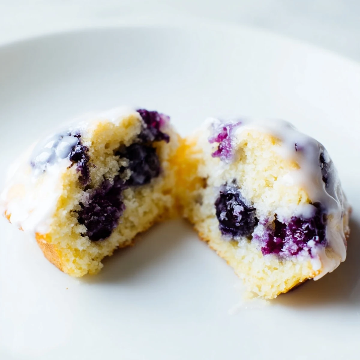 Warm Lavender Blueberry Tea Cakes topped with lemon glaze and fresh blueberries on a rustic wooden table.