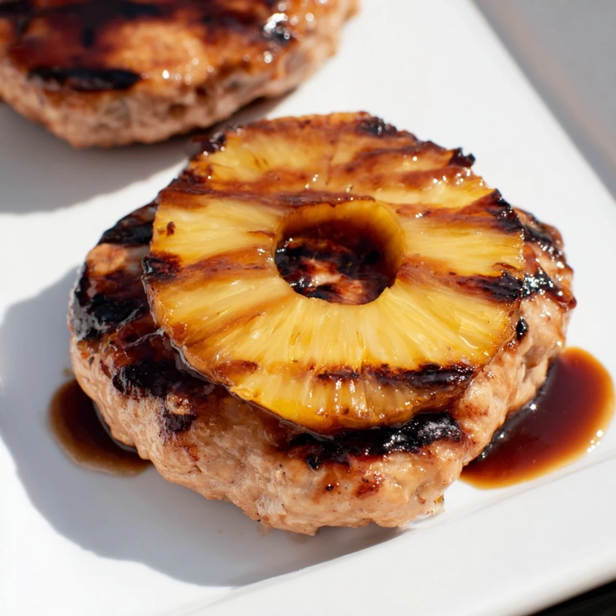 A close-up of the Hawaiian Pineapple Chicken Burger shows grilled chicken and caramelized pineapple on a toasted bun with fresh lettuce.