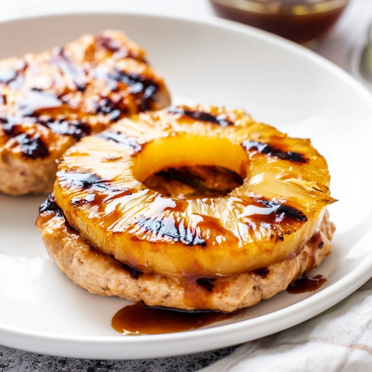 Served on a plate with sweet potato fries, the Hawaiian Pineapple Chicken Burger reveals a colorful, appetizing layered burger presentation.
