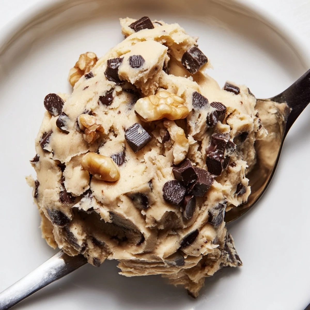 A spoonful of Guilt Free Greek Yogurt Cookie Dough with dark chocolate chips and chopped walnuts, served in a rustic bowl.