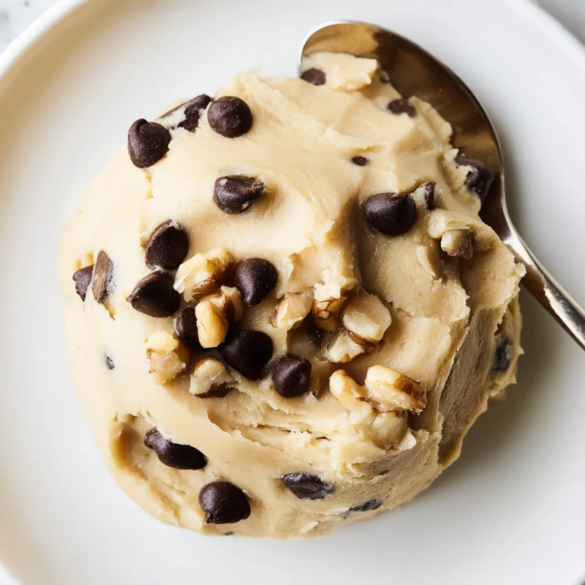 Close-up of creamy Guilt Free Greek Yogurt Cookie Dough scooped with a wooden spoon, highlighting its smooth texture and sweet aroma.