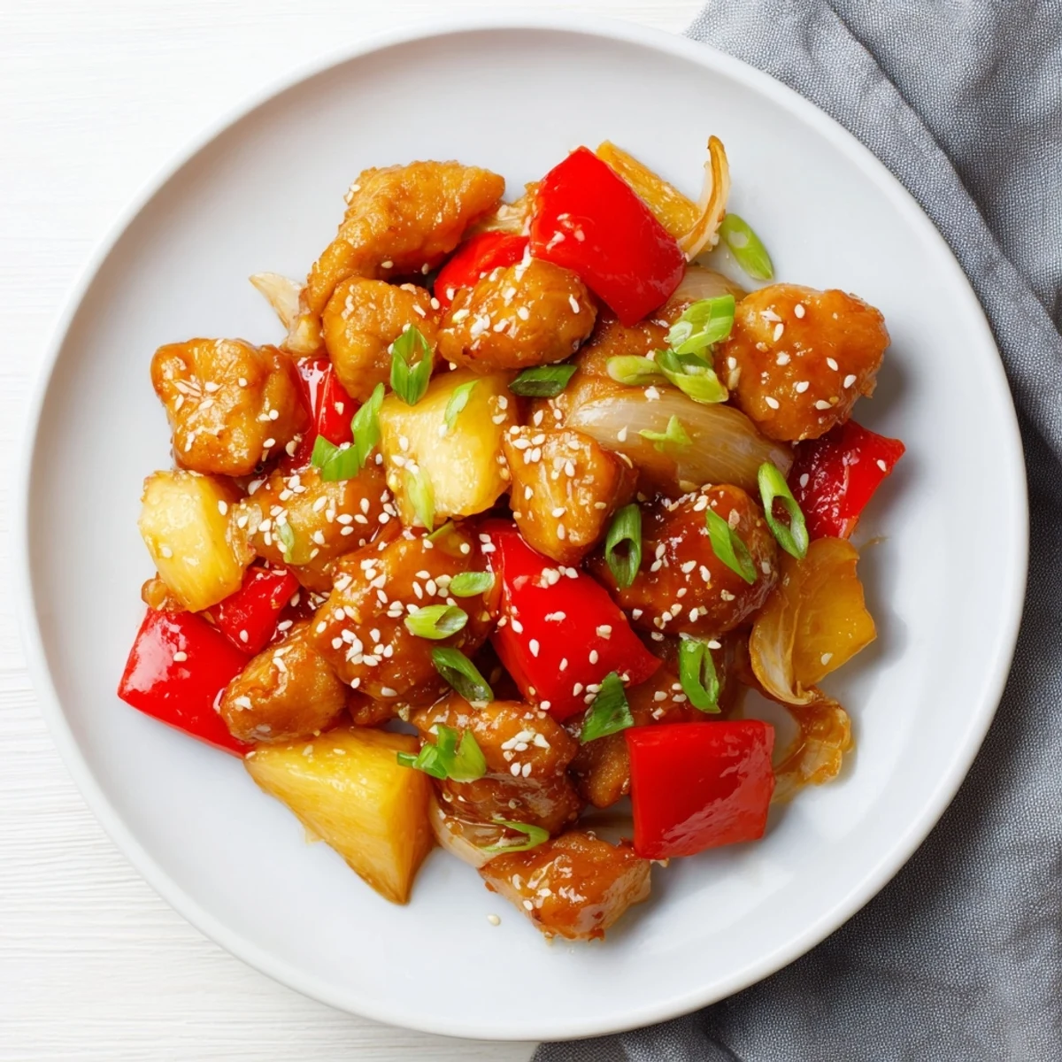A close-up of Honey Garlic Pineapple Chicken glistening in a skillet with tender chunks and vibrant bell peppers.