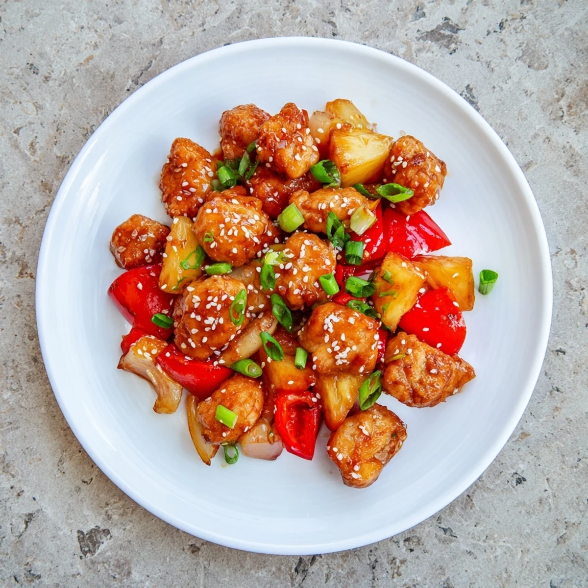 This plated Honey Garlic Pineapple Chicken is served over fluffy white rice, garnished with fresh green onions and sesame seeds.