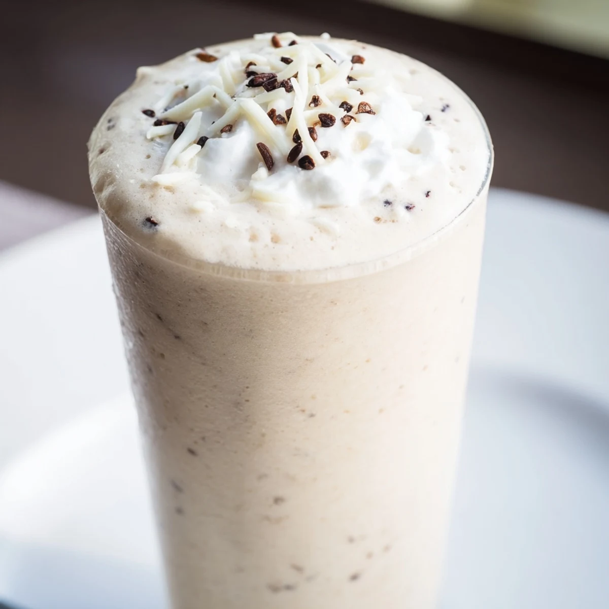 Creamy Vanilla Bean Frappuccino in a tall glass topped with whipped cream and white chocolate shavings.