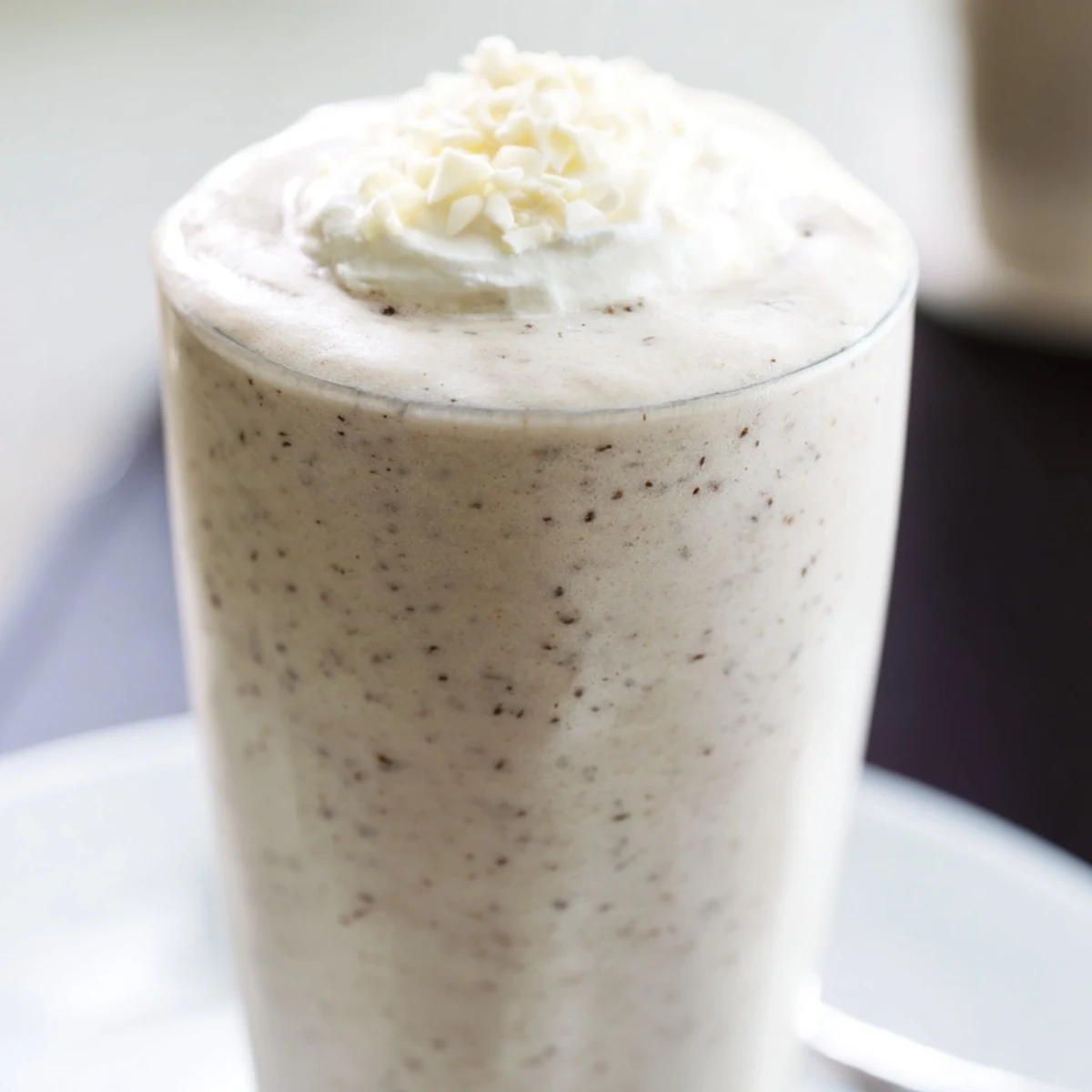 The frosty Vanilla Bean Frappuccino is blended with ice, milk, and real vanilla bean seeds.