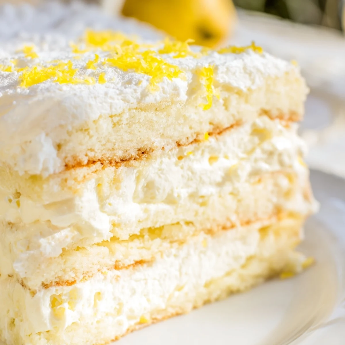 Golden sponge Limoncello Mascarpone Cake slices reveal fluffy layers with mascarpone frosting and lemon zest garnish.