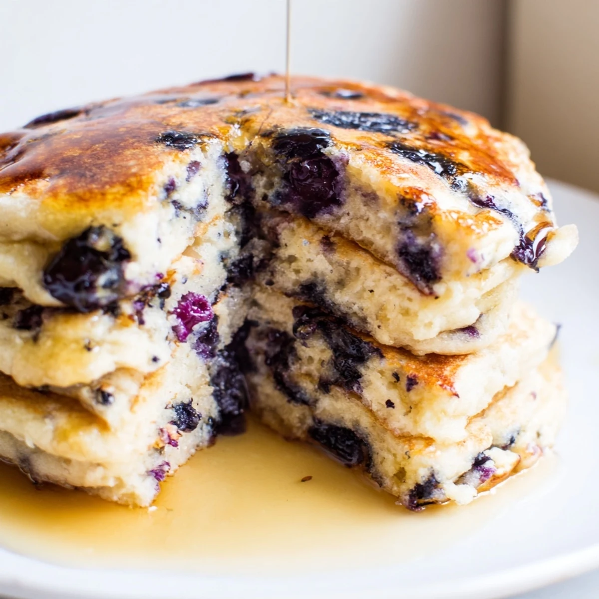 Golden-brown Fluffy Greek Yogurt Blueberry Pancakes stacked high, drizzled with maple syrup and fresh berries on a cozy brunch table.