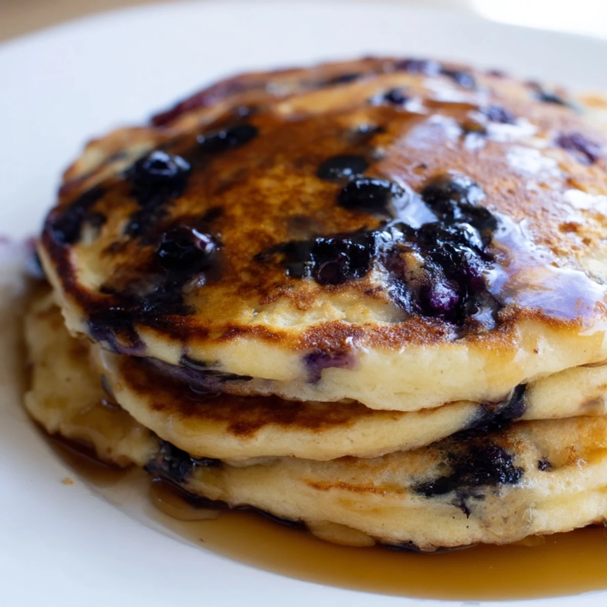 A close-up of Fluffy Greek Yogurt Blueberry Pancakes with visible blueberries and a dollop of Greek yogurt beside a syrup pitcher.