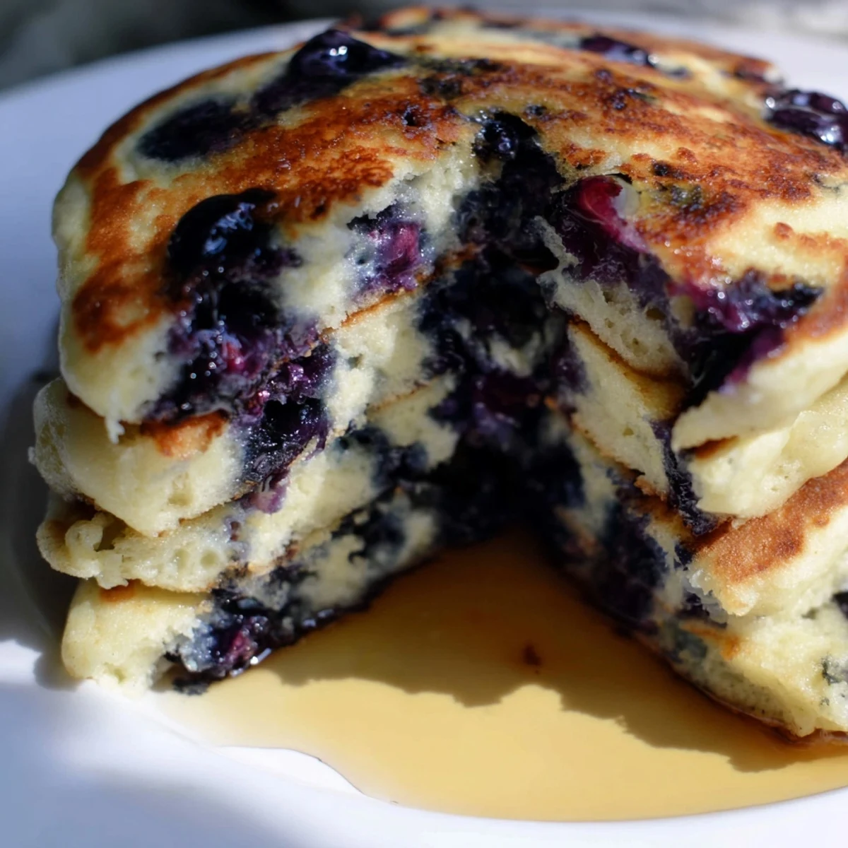 Fluffy Greek Yogurt Blueberry Pancakes sizzling on a griddle, ready to be flipped, with a bowl of blueberries nearby.
