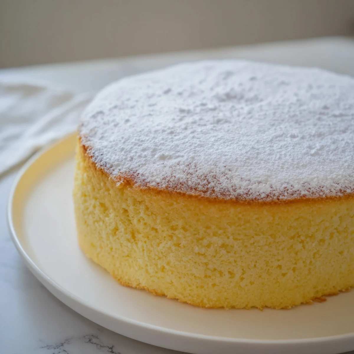 A slice of Fluffy Yogurt Cloud Cake reveals its light, airy texture next to fresh berries.