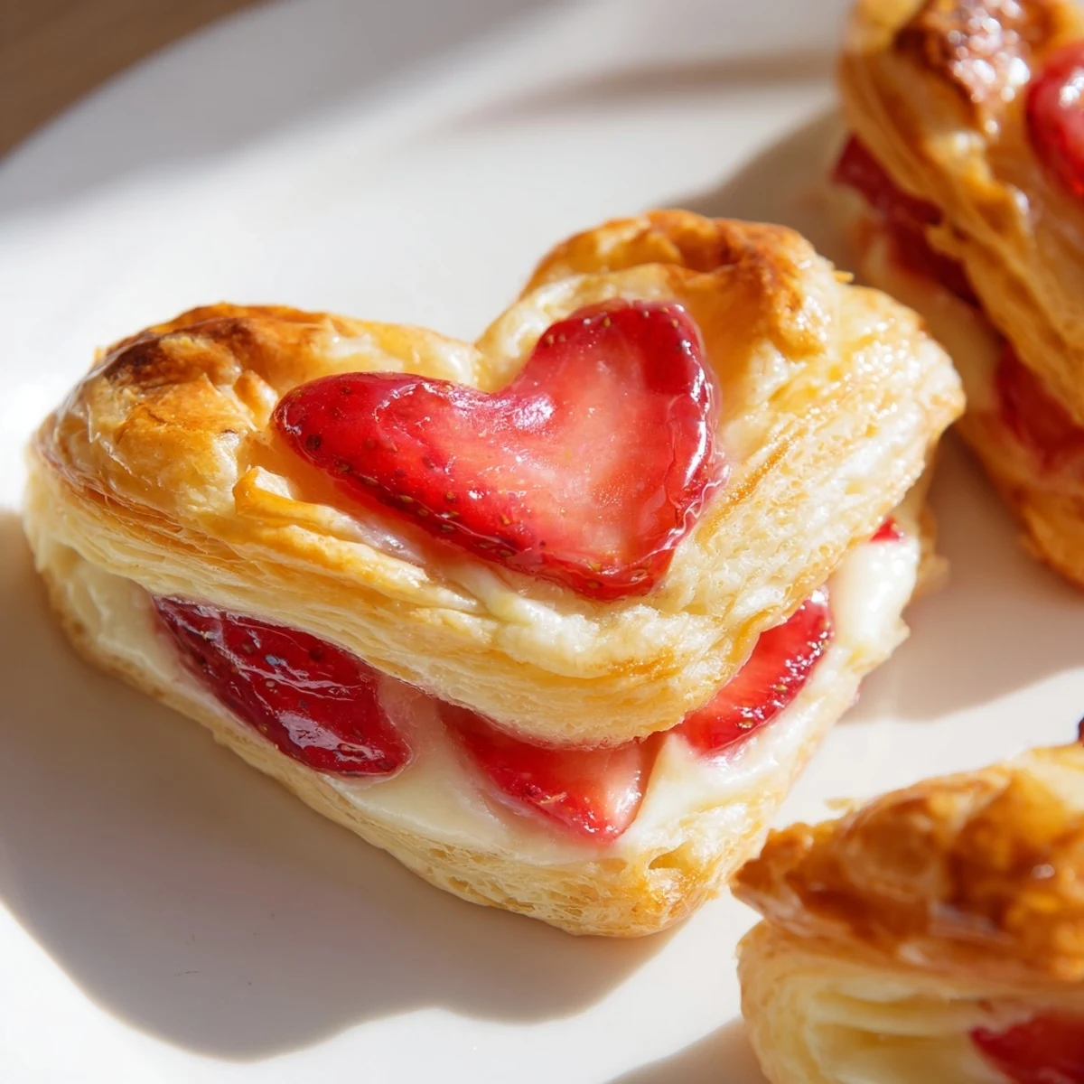 Golden-brown flaky Strawberry Cream Cheese Heart Danishes glistening with glaze on a cooling rack.