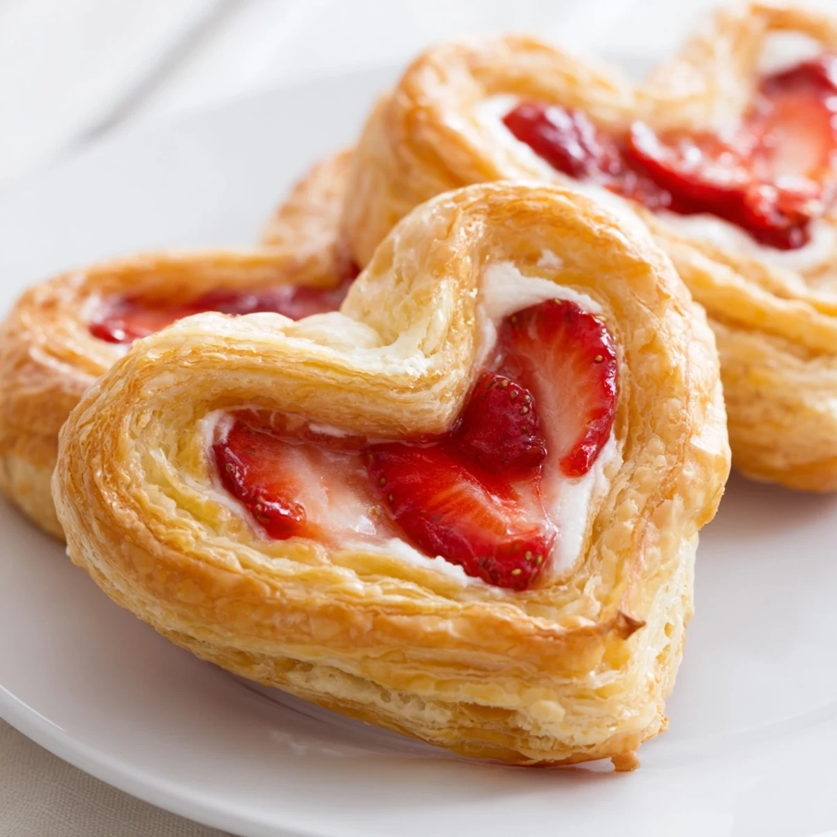 A close-up of Strawberry Cream Cheese Heart Danishes with fresh strawberry slices and cream cheese filling.
