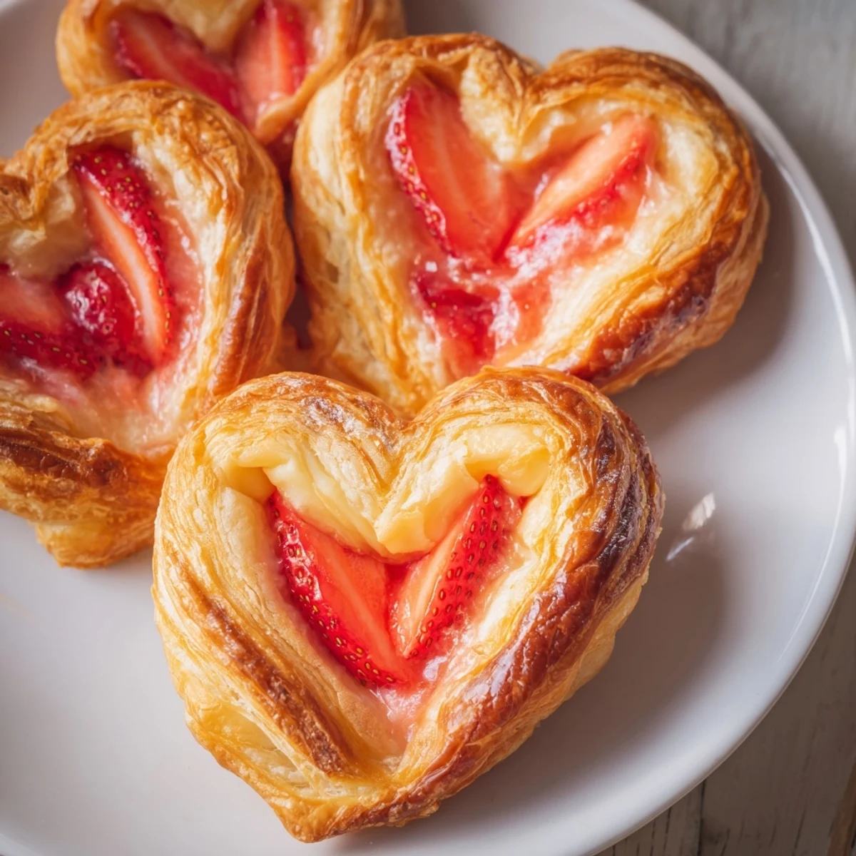 Strawberry Cream Cheese Heart Danishes served on a white plate with a cup of coffee nearby.