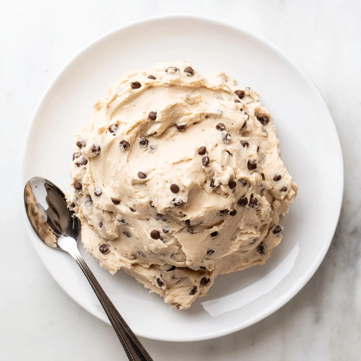 A bowl of creamy Cookie Dough Frosting with mini chocolate chips, ideal for frosting cupcakes or a 9-inch cake.