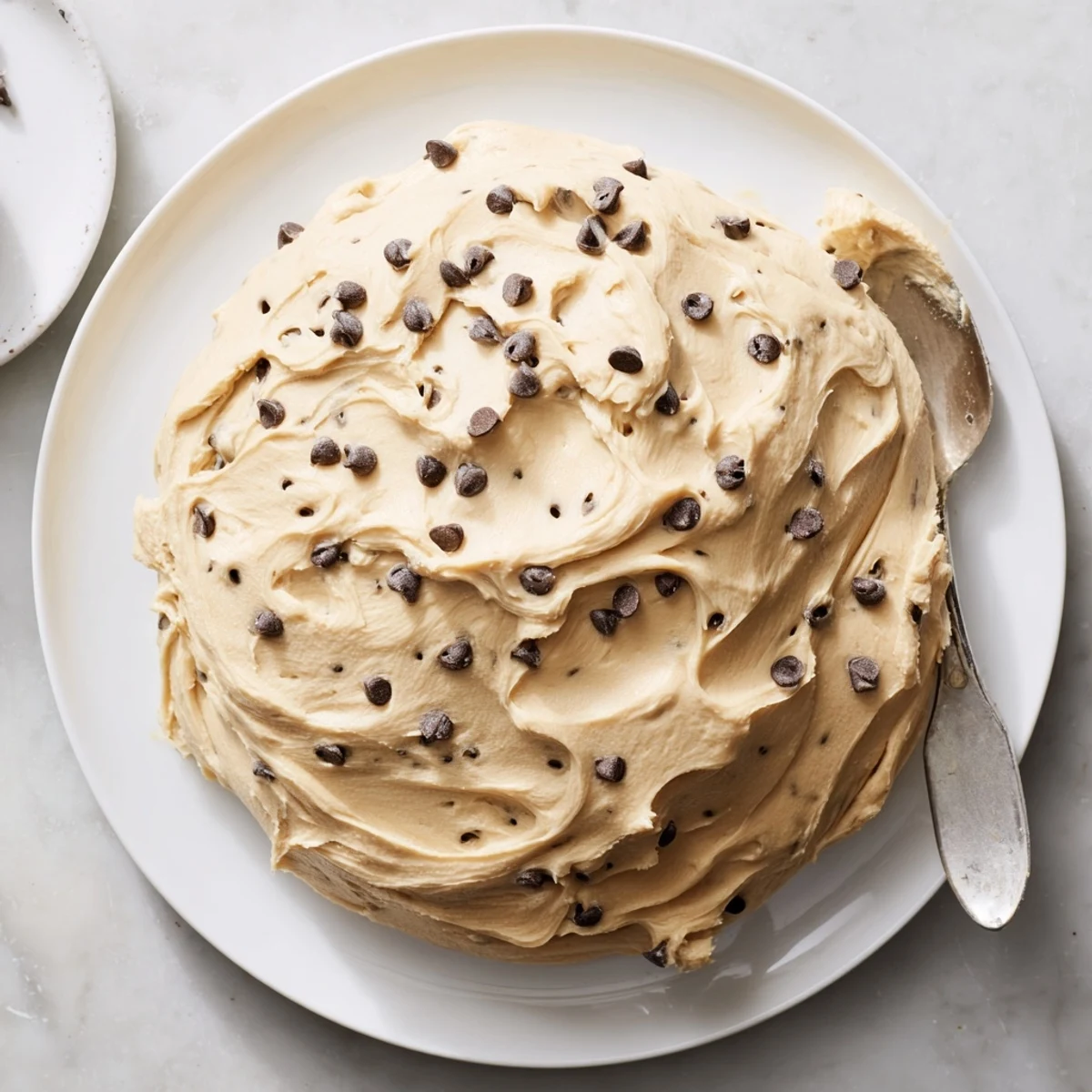 Close-up of Cookie Dough Frosting with soft buttery texture and chocolate chips, perfect for eating by the spoonful.