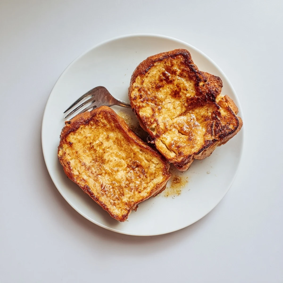 Golden, caramelized Crème Brûlée French Toast slices are layered on a white plate, topped with fresh berries and a dusting of powdered sugar for a special brunch.