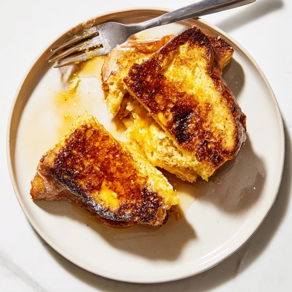A close-up view of Crème Brûlée French Toast reveals a crackly sugar crust, glistening butter sauce, and soft custard-soaked brioche perfect for breakfast.