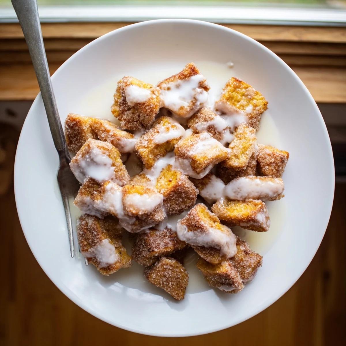 Golden-brown Cinnamon Roll French Toast Bites glistening with sweet glaze on a white plate, ready for breakfast.