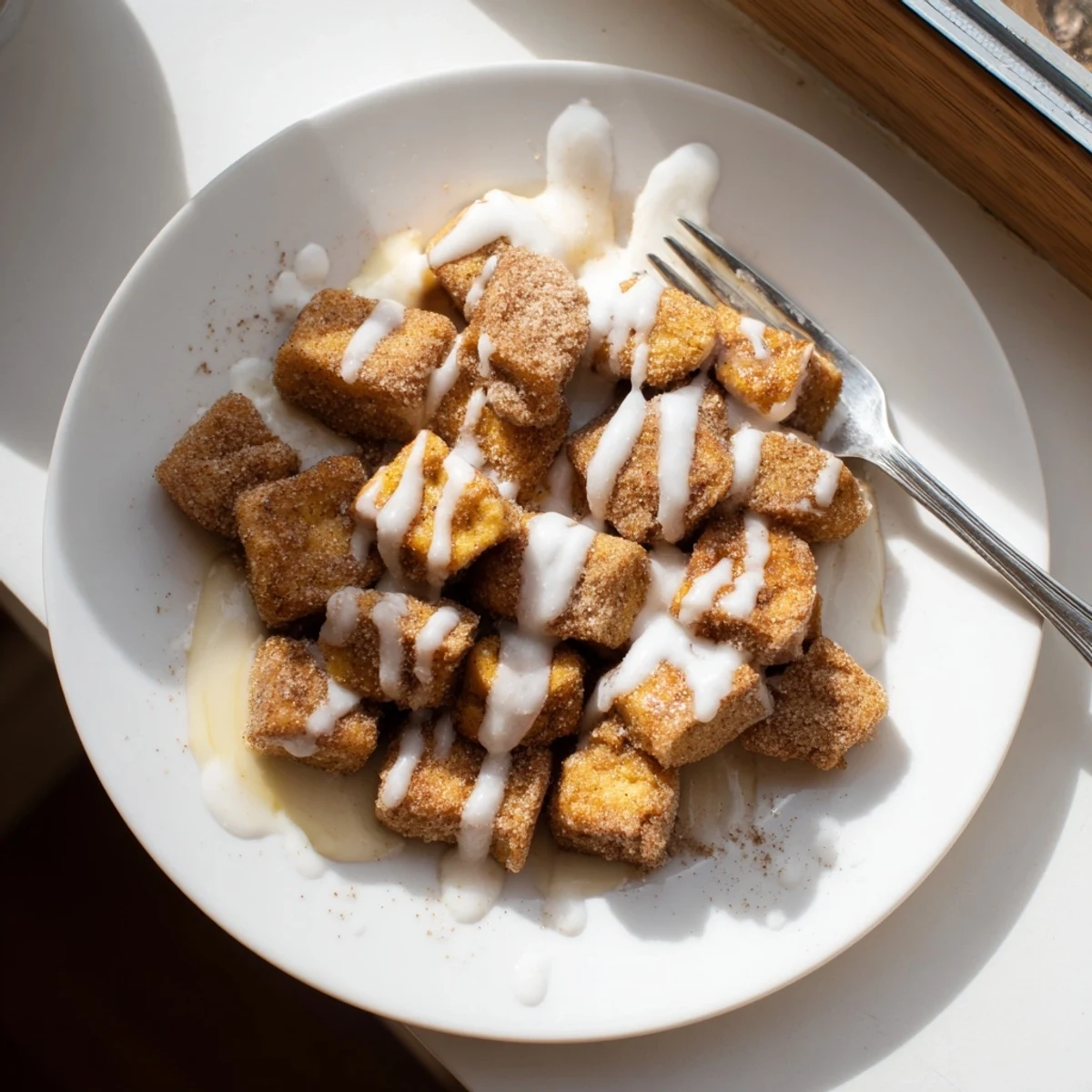 Soft, pillowy Cinnamon Roll French Toast Bites coated in cinnamon sugar and drizzled with vanilla glaze.