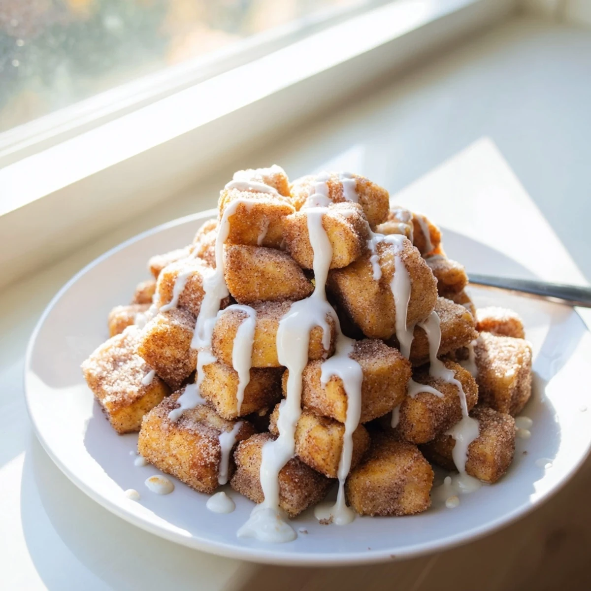 Warm Cinnamon Roll French Toast Bites served with maple syrup and fresh berries on a rustic table.