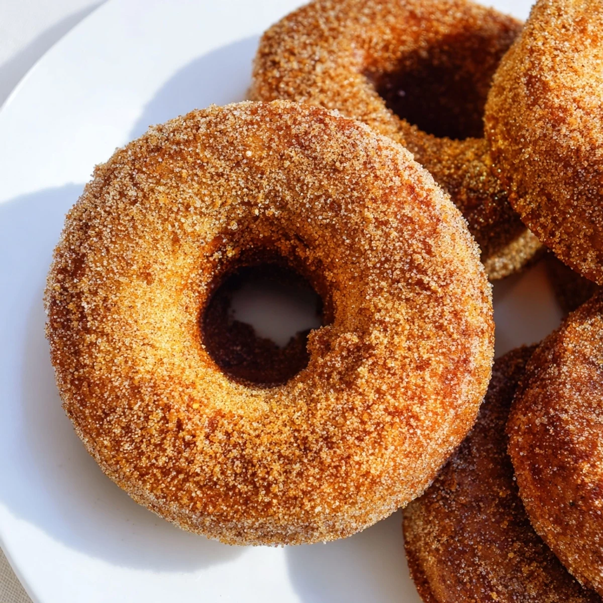Warm, golden Delightful Cinnamon Sugar Donuts rest on a wire rack, generously coated in sparkling sugar and cinnamon for breakfast or dessert.