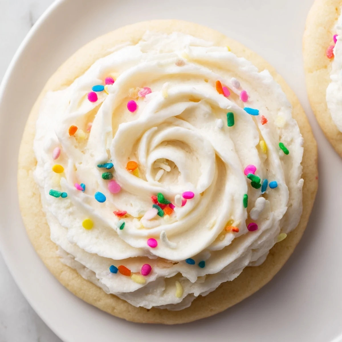 A close-up of Walmart-Style Sugar Cookies with Buttercream Frosting, showing soft rounds with fluffy pink frosting and rainbow sprinkles on a cooling rack.