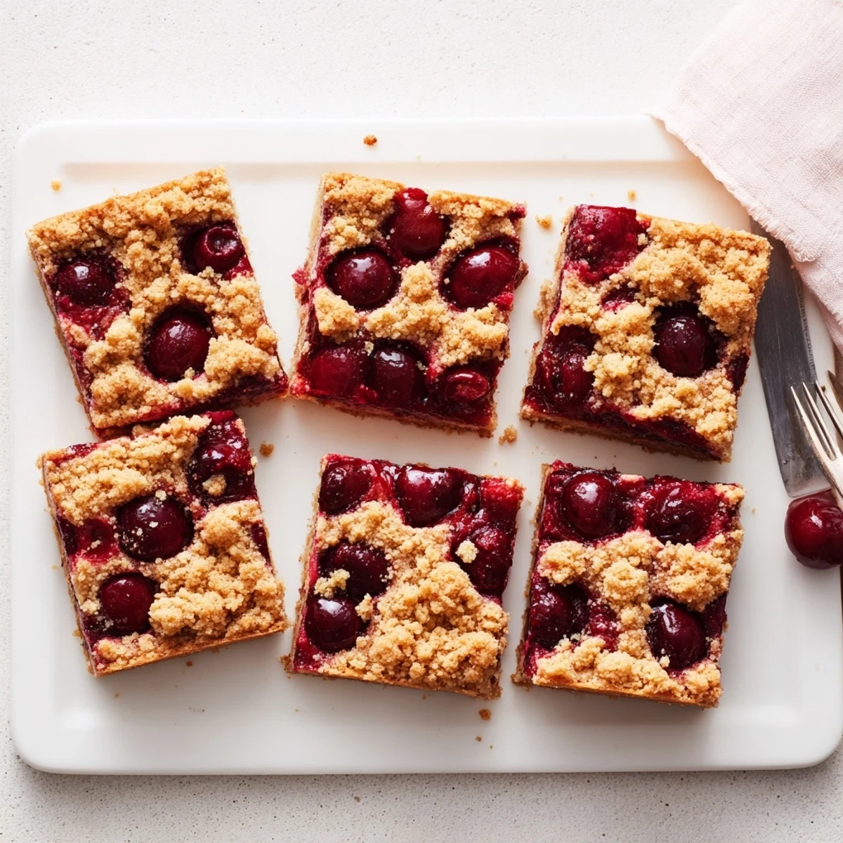 Golden-brown Cherry Crumble Bars with juicy red cherry filling and a buttery oat crumble, served on a white plate.