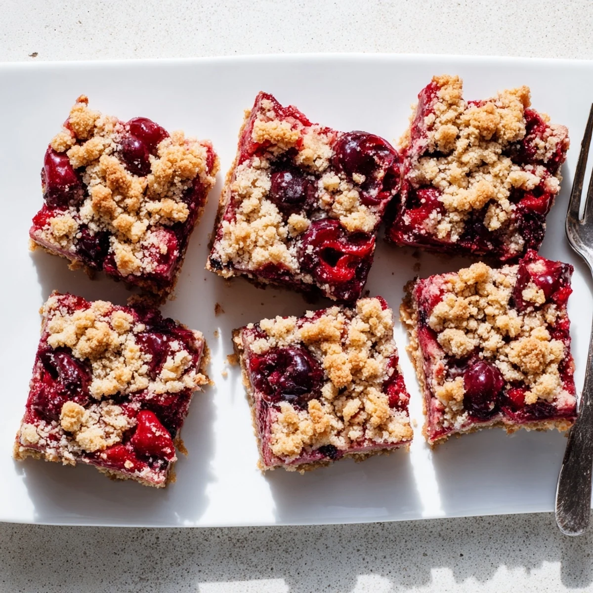 Freshly baked Cherry Crumble Bars cooled on a wire rack with sweet-tart cherry filling peeking through the crumbly topping.
