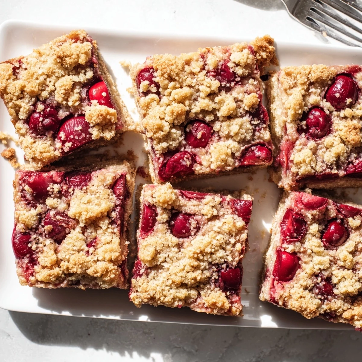 A close-up of Cherry Crumble Bars revealing a luscious cherry layer, dusted with sugar and perfect for a sweet dessert snack.