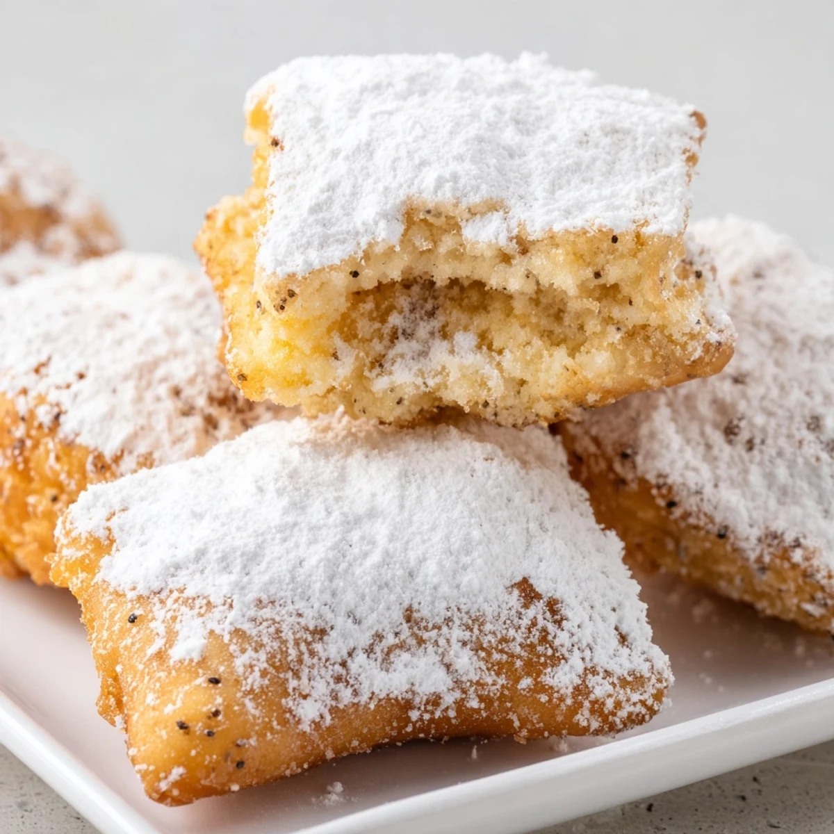 Golden-brown Vanilla French Beignets, dusted with powdered sugar and served warm on a plate.