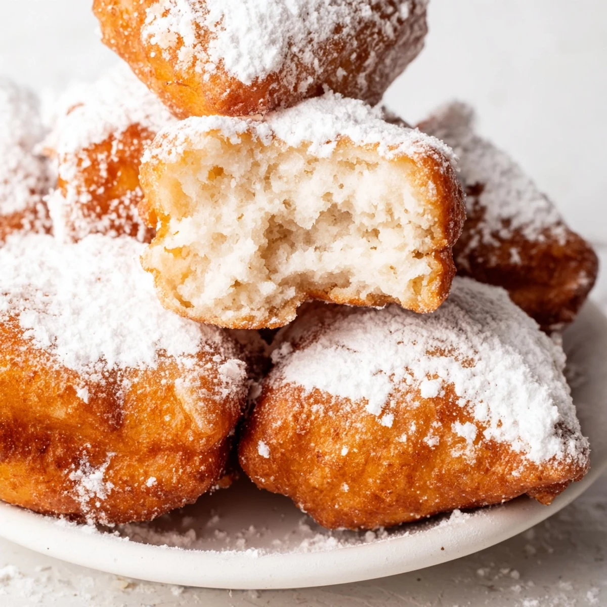 Close-up of Vanilla French Beignets, light and airy with a generous powdered sugar coating.