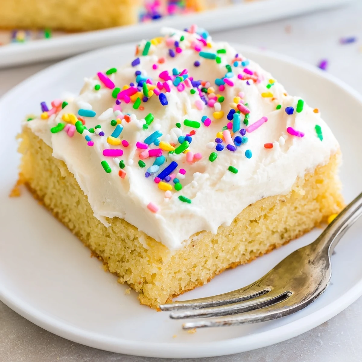 Creamy frosted sugar cookie bars cut into neat squares on a white plate, ready for a party or sweet snack.  
