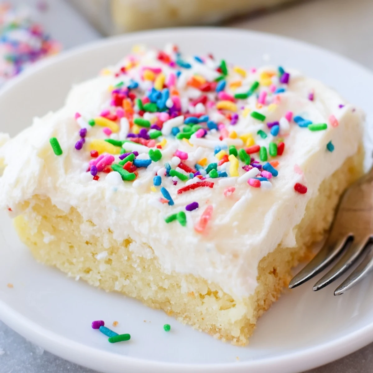A close-up of soft buttery sugar cookie bars topped with pastel frosting and rainbow sprinkles, served on a wooden board.  