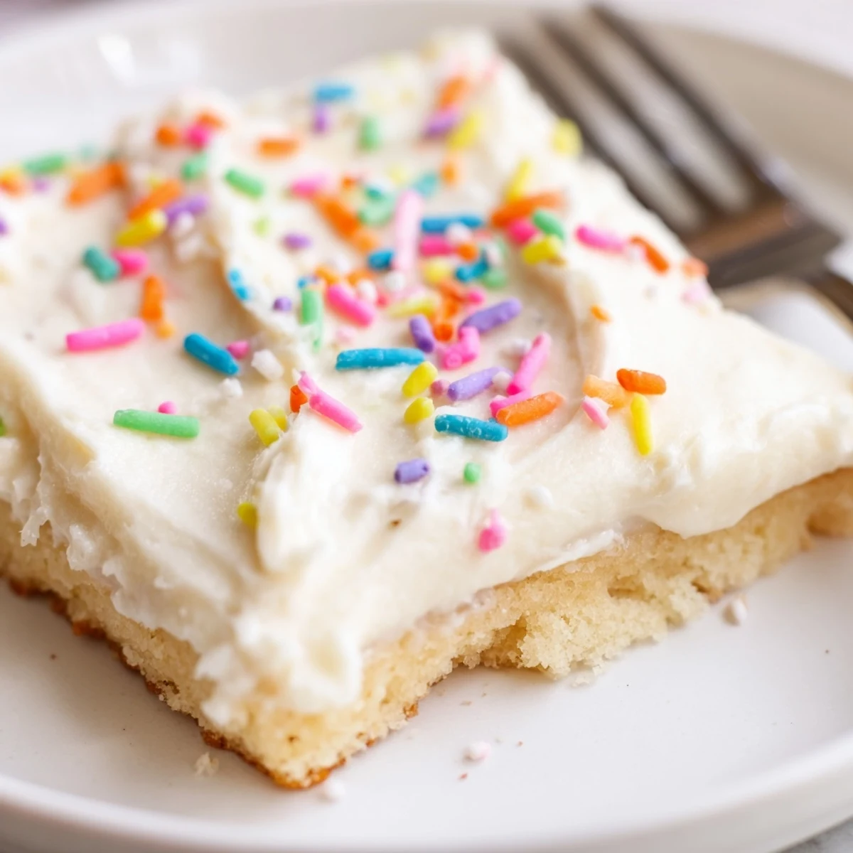 Sugar cookie bars stacked on a dessert tray, showing moist crumb and velvety frosting, perfect for American celebrations.
