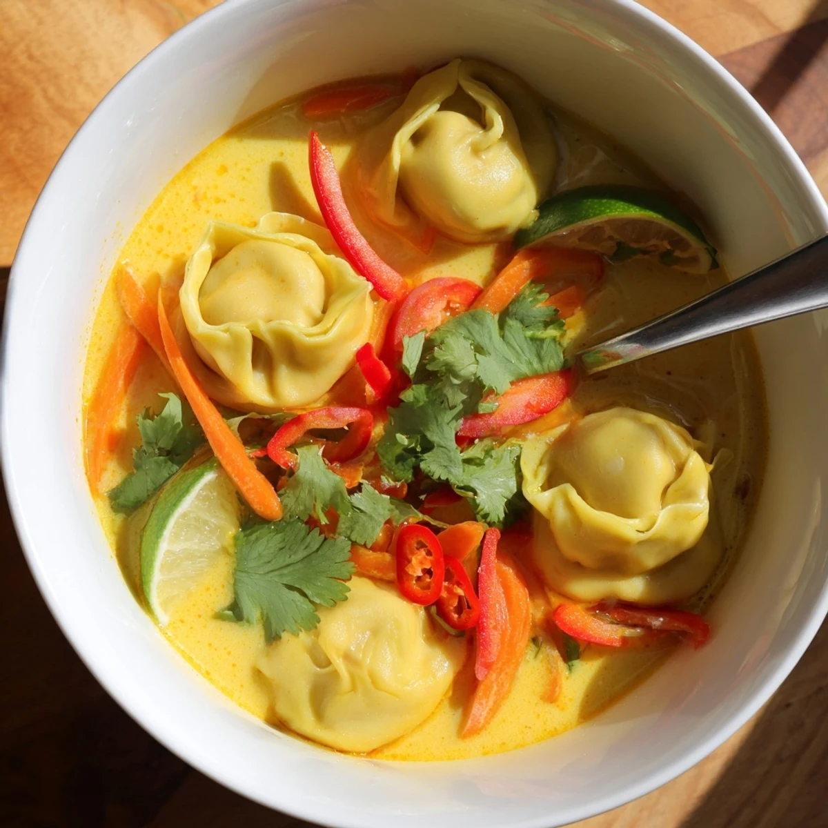 Bowl of homemade Yellow Thai Curry Dumpling Soup with tofu-filled dumplings in creamy coconut broth, topped with fresh cilantro and lime.