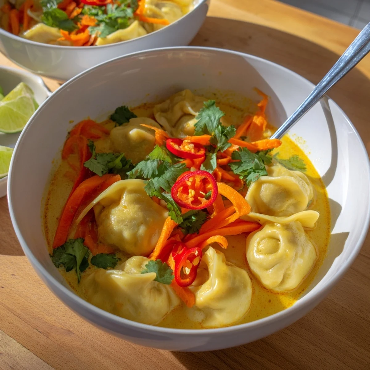 Steaming pot of Yellow Thai Curry Dumpling Soup featuring vibrant red bell peppers, green zucchini, and golden vegetables in aromatic broth.