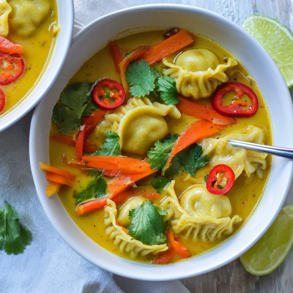 Spoon lifting a tender tofu dumpling from a rich Yellow Thai Curry Dumpling Soup, with lime wedges and chili slices on the side.
