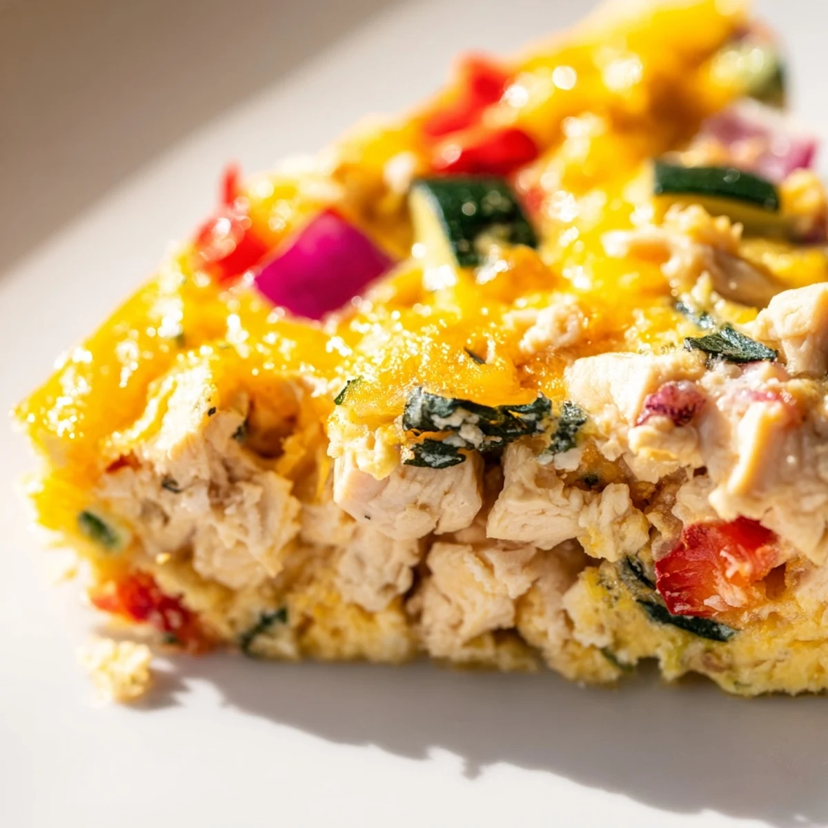 A close-up of Chicken and Vegetable Frittata slices showing fluffy eggs, diced chicken, and colorful vegetables on a white plate.