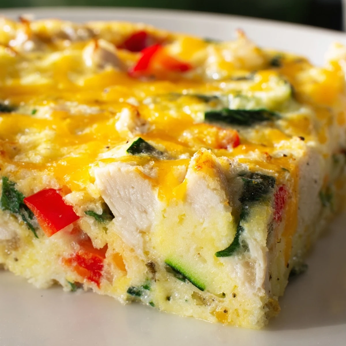 This golden-brown Chicken and Vegetable Frittata features spinach, bell peppers, and melted cheese baked in a cast iron skillet.