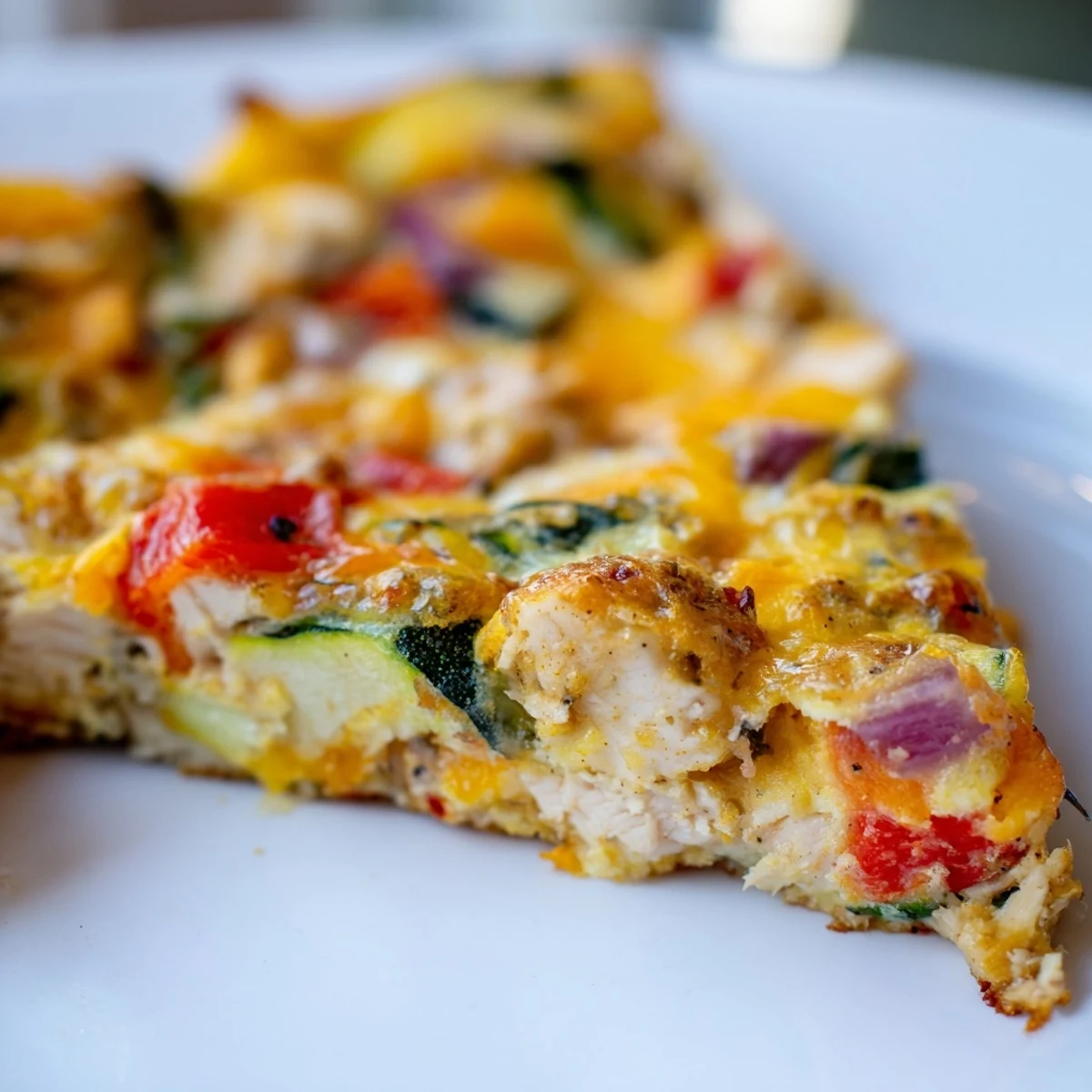 A fresh slice of Chicken and Vegetable Frittata served with a side salad, highlighting tender chicken and vibrant veggies inside.