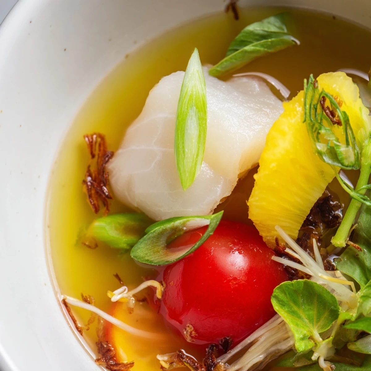 A bowl of Modern Canh Chua sour soup featuring tender white fish, pineapple chunks, and fresh bean sprouts, garnished with herbs.