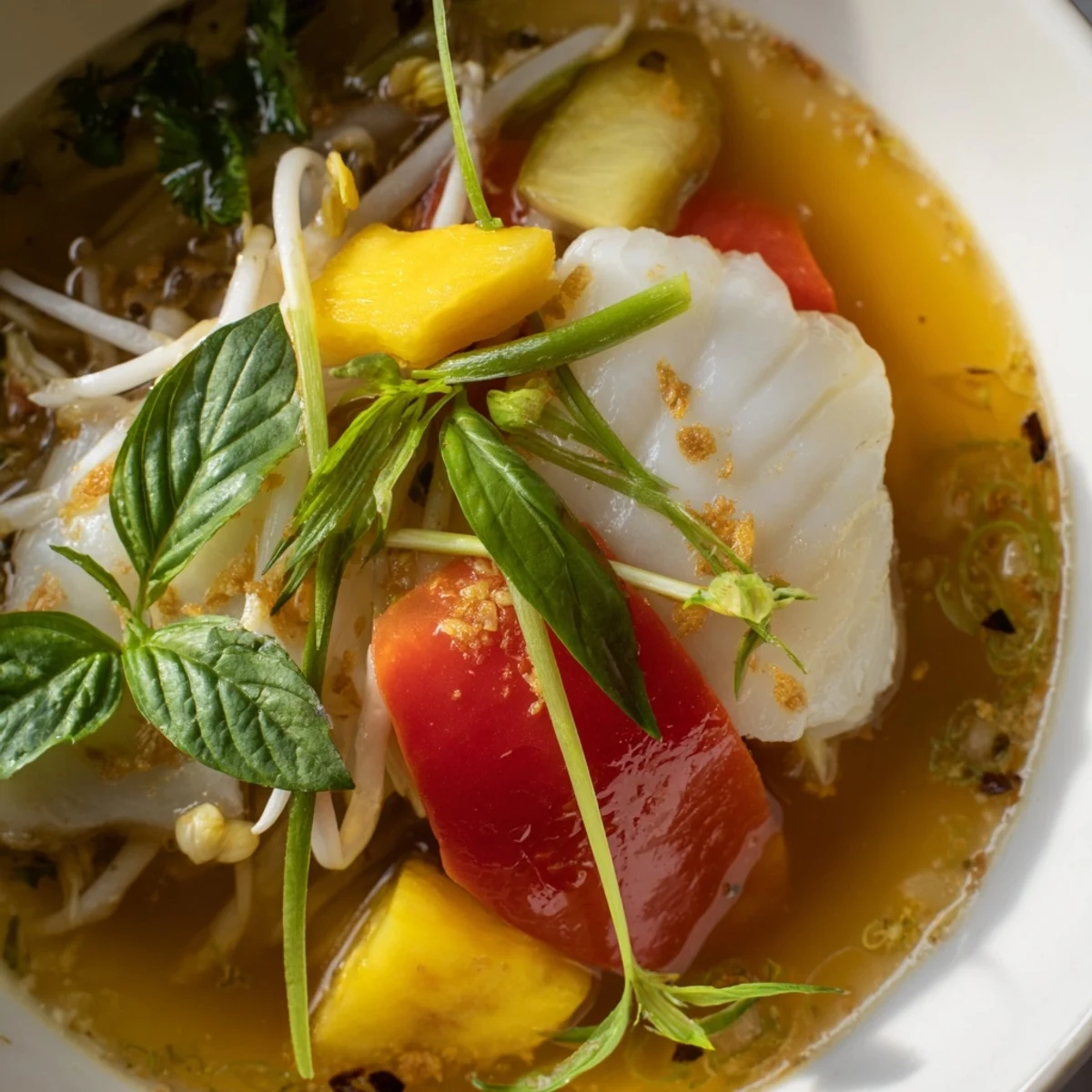 Close-up of Modern Canh Chua recipe showing aromatic herbs, lime wedges, and a tangy tamarind broth with fish and pineapple.