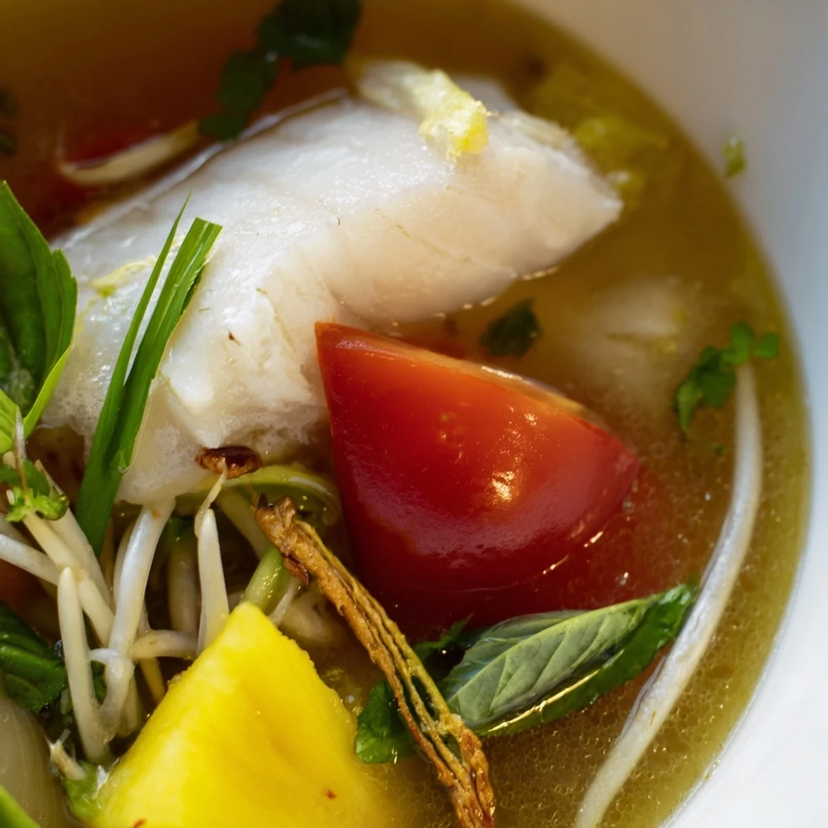 Serving of Modern Canh Chua soup with vibrant tomatoes, celery, and Thai basil, steaming in a white ceramic bowl.
