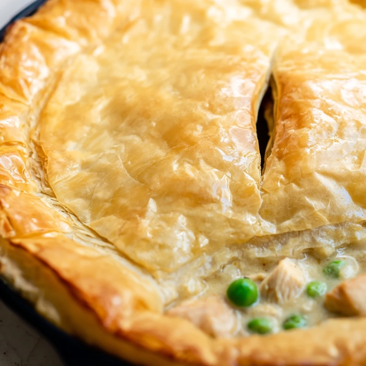 A golden puff pastry top covers One Pan Chicken Korma Pie in a skillet, with cilantro garnish and a steam vent.