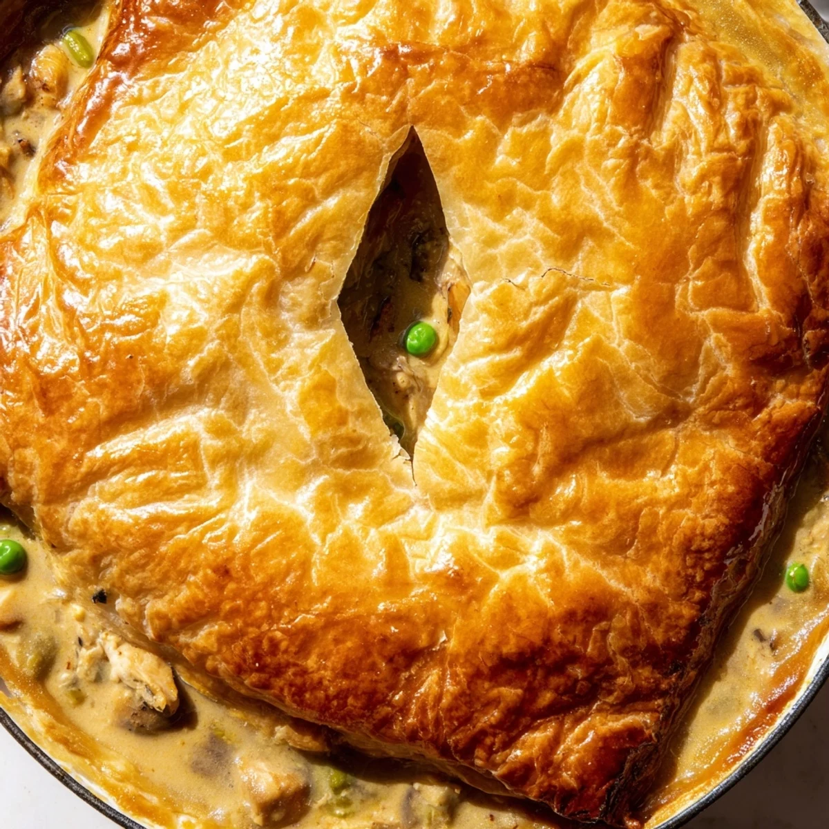 One Pan Chicken Korma Pie bakes with flaky crust and creamy curry filling, served on a rustic table.