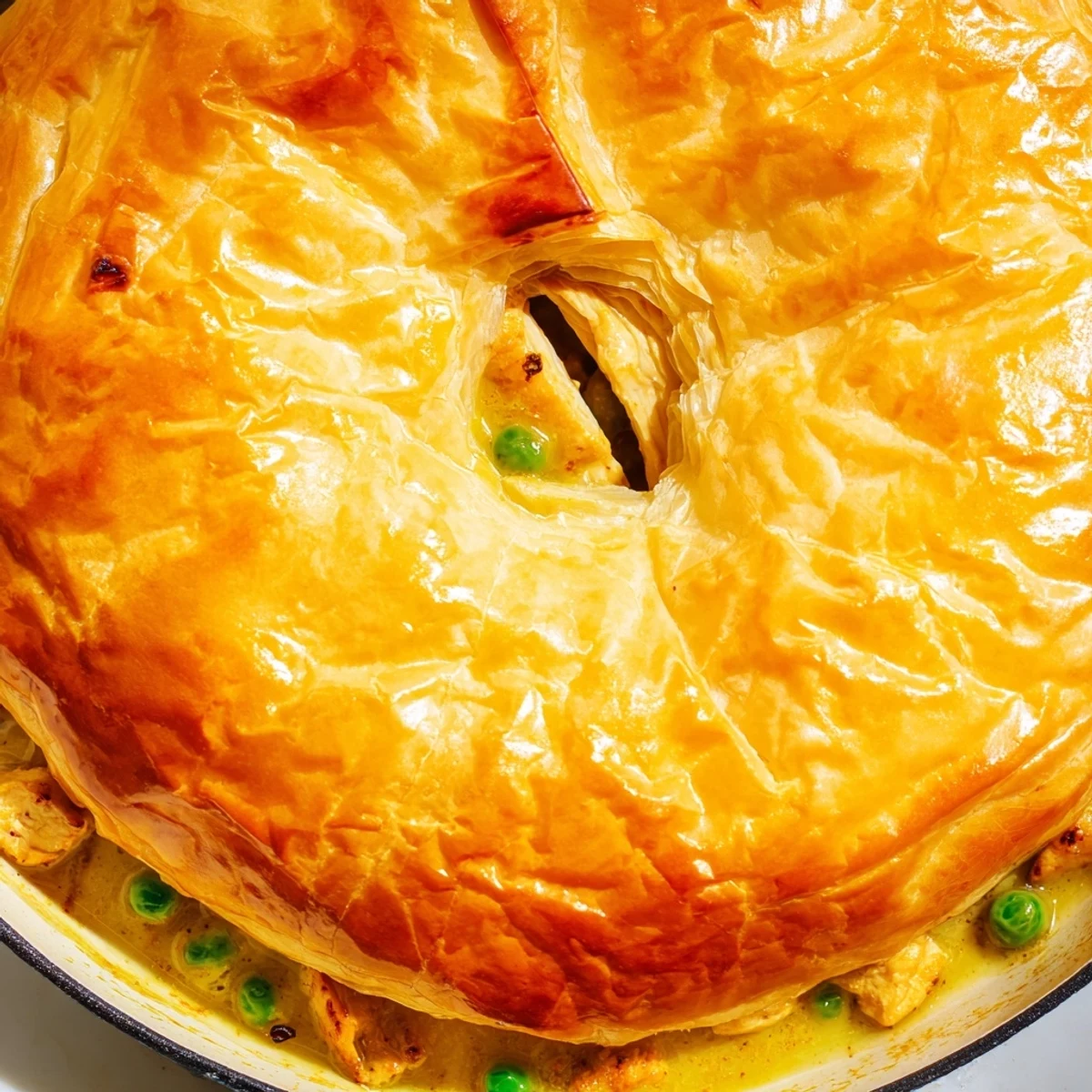 Sliced serving of One Pan Chicken Korma Pie reveals tender chicken, peas, and spiced korma sauce inside.