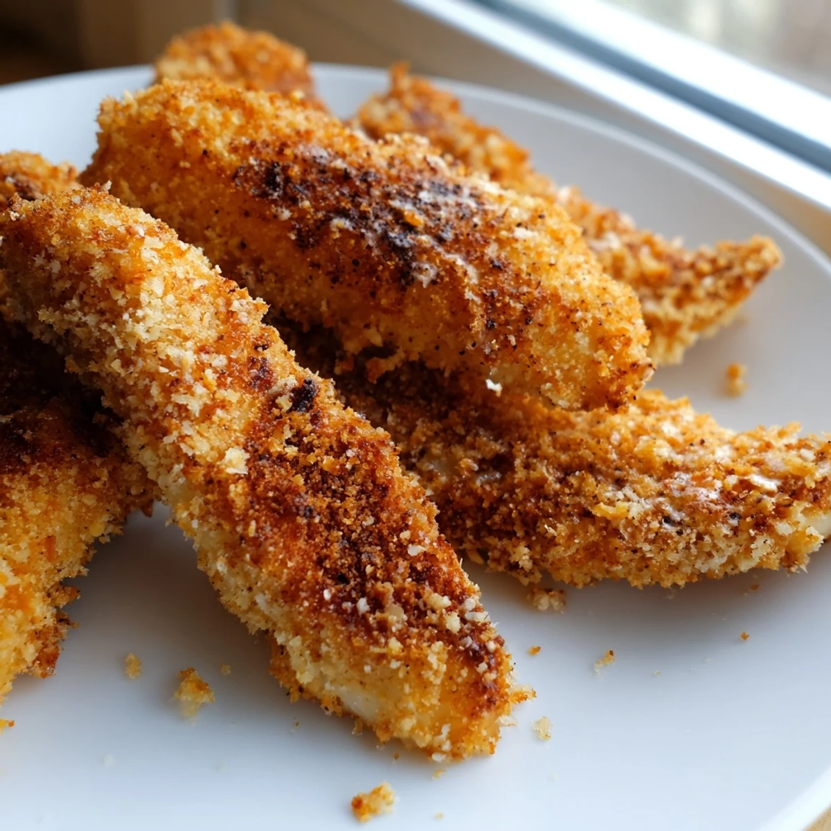 Perfectly golden Panko Crusted Chicken Strips glisten on a plate, ready for dipping in honey mustard.