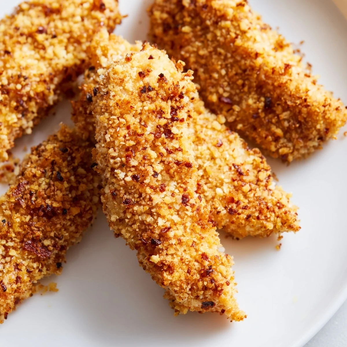 Close-up of juicy Panko Crusted Chicken Strips with a crunchy breading texture and paprika seasoning visible.